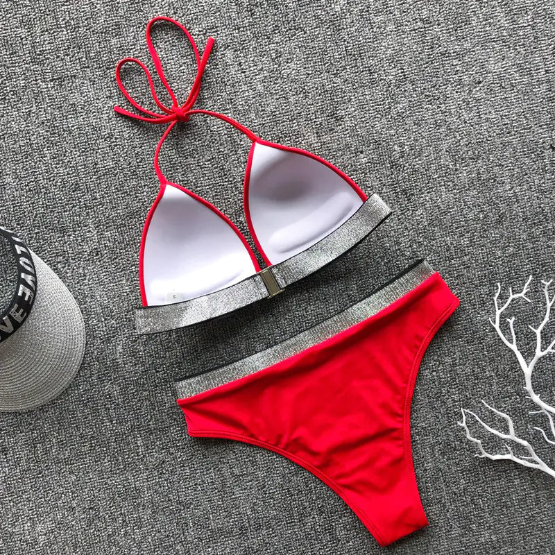 Shiny Bandage Bikini with High Waist and Halter Neck