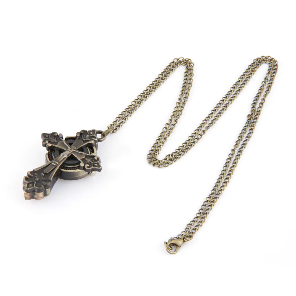 Vintage Cross Copper Pocket Watch Necklace