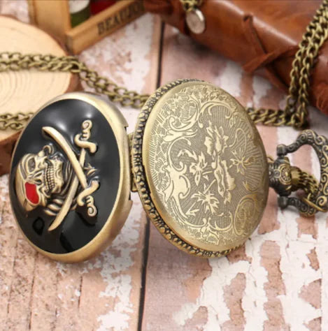 Bronze Skull Pocket Watch Necklace