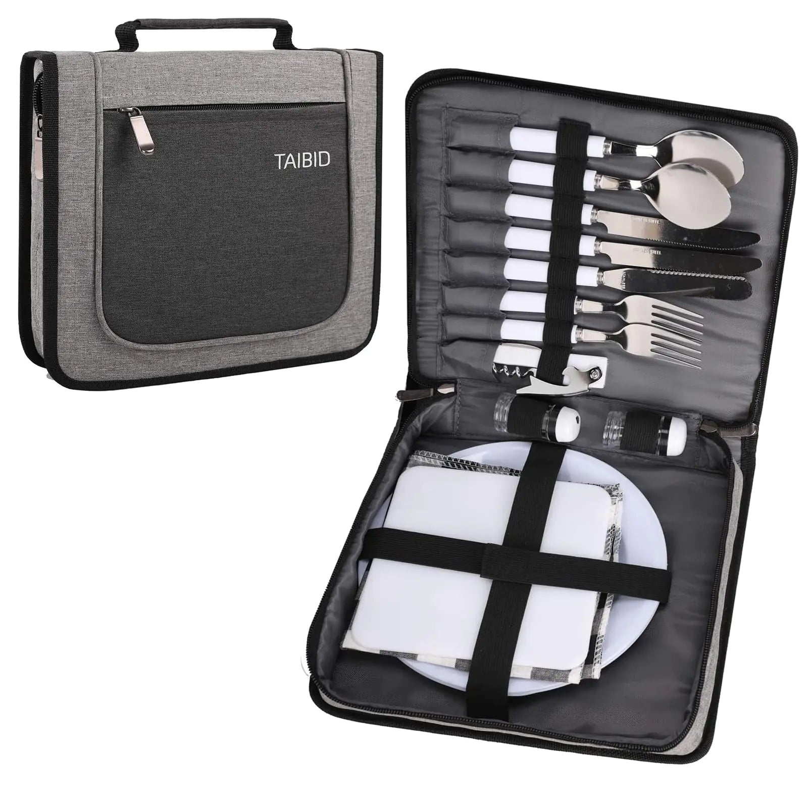 BRONZY TAIBID Picnic Set Camping Cutlery Organizer 2 Person Dinnerware Set - 16pcs Mess KitPortable Eating Set with PlatesSpoonsKnivesWine OpenerForksNapkins (Black) (2 Person Black)