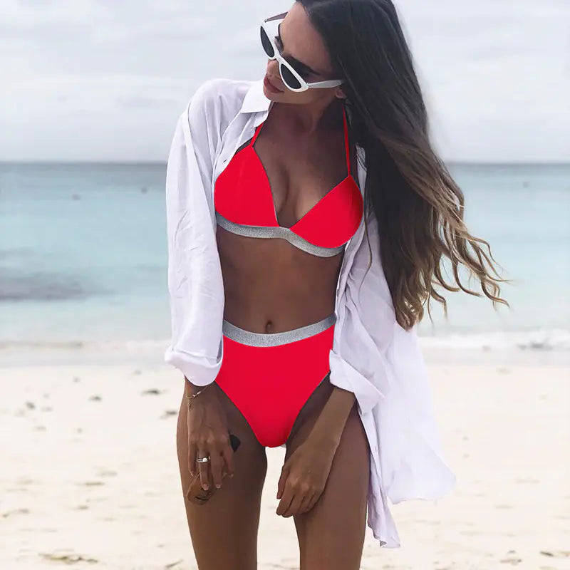 Shiny Bandage Bikini with High Waist and Halter Neck
