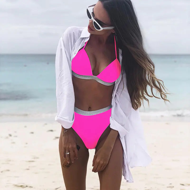 Shiny Bandage Bikini with High Waist and Halter Neck