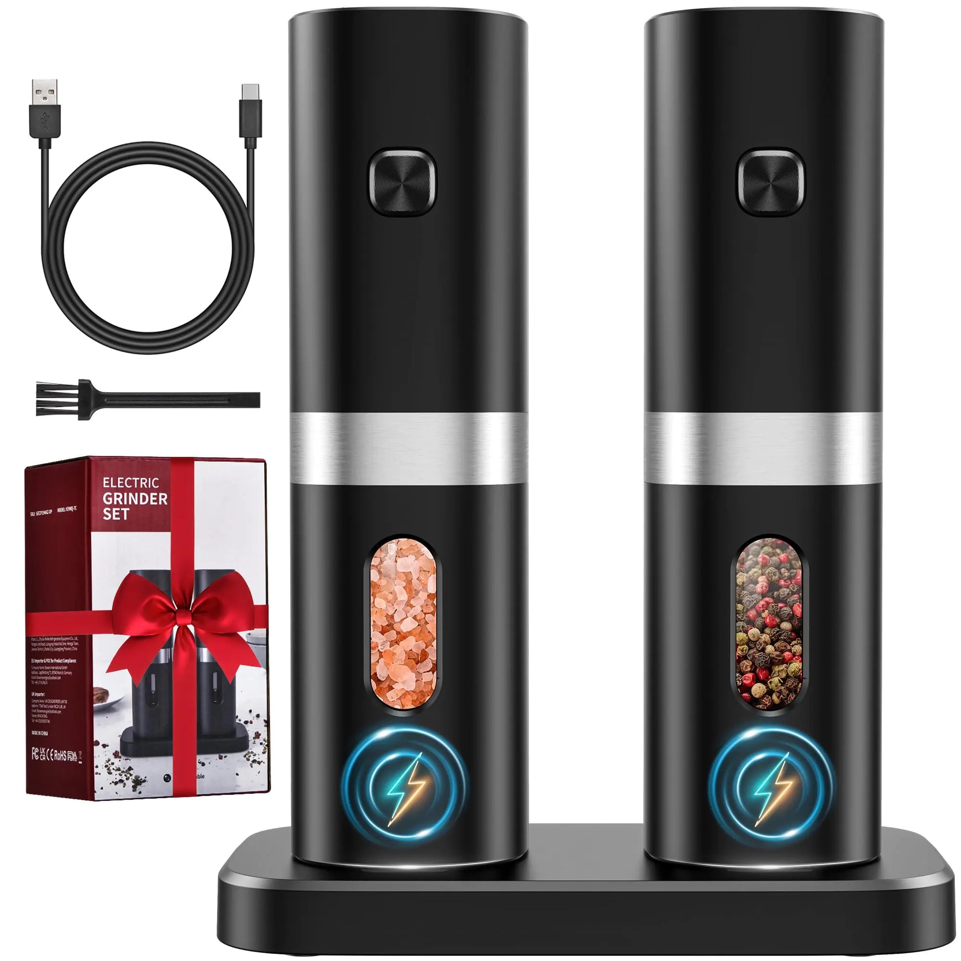 COSYAIREY Electric Salt and Pepper Grinder Set 2024 New Rechargeable Salt and Pepper Mill with Charging Base White LED Light One Hand Automatic Operation Adjustable Coarseness Black 2Pack