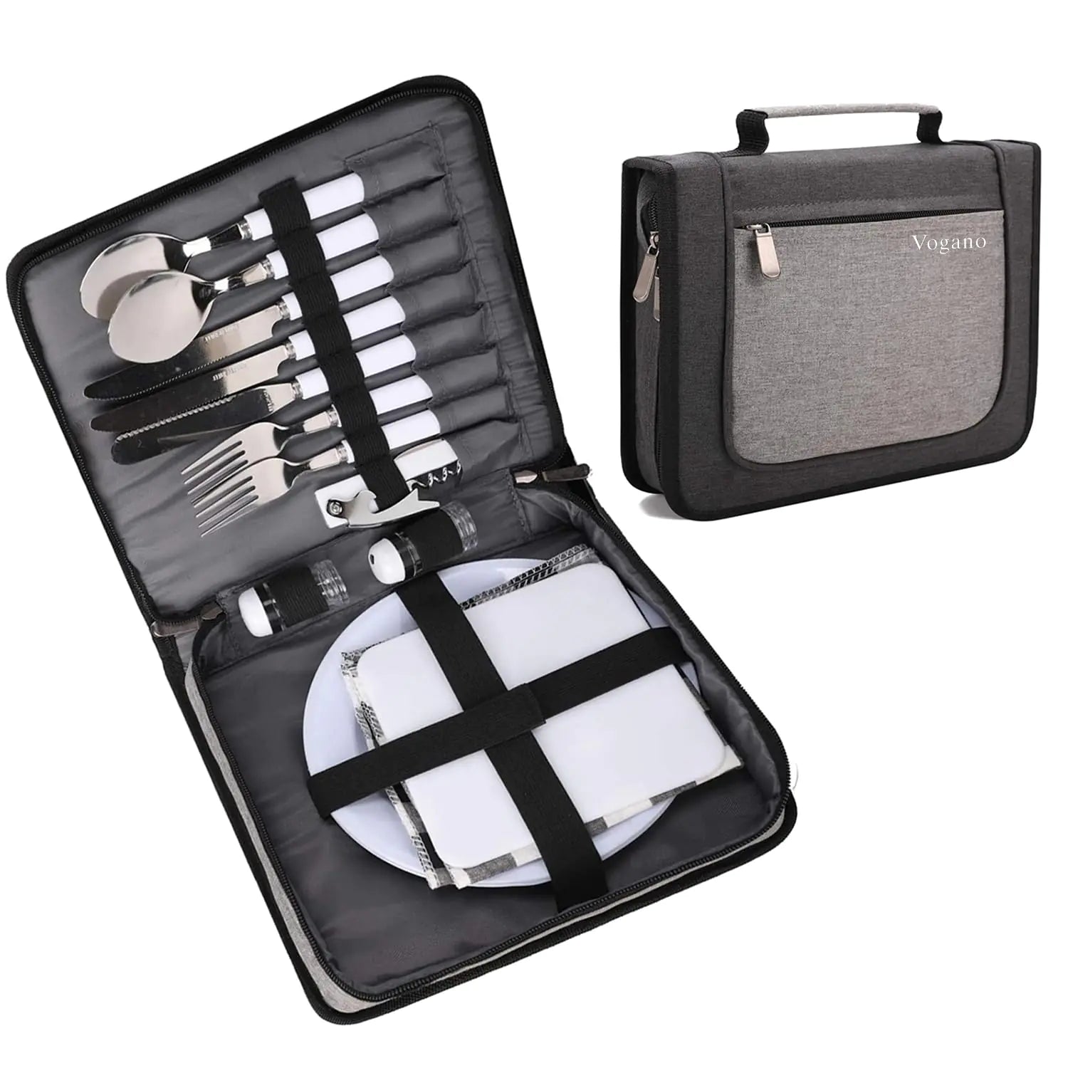 Vogano Picnic Set Camping Cutlery Organizer 2 Person Dinnerware Set - 16pcs Mess KitStainless Steel Plate Spoon Butter and Serrated Knife Wine Opener Fork Napkin Hiking - Camp Kitchen BBQ’s