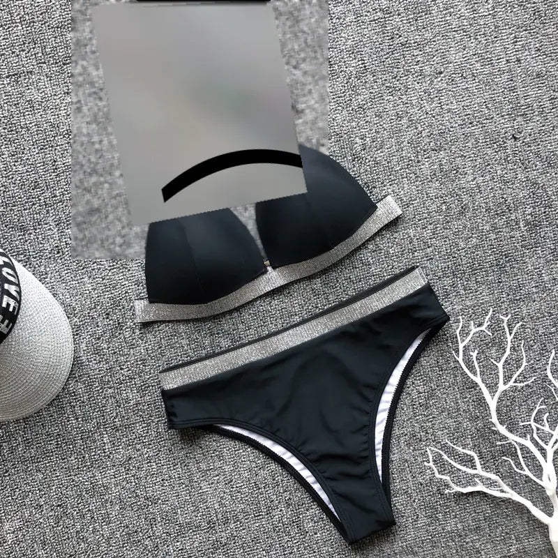 Shiny Bandage Bikini with High Waist and Halter Neck