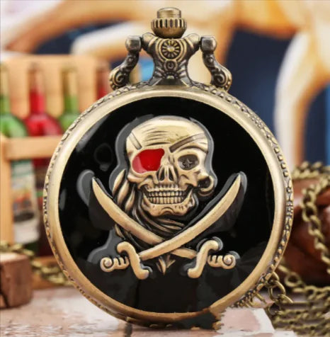 Bronze Skull Pocket Watch Necklace