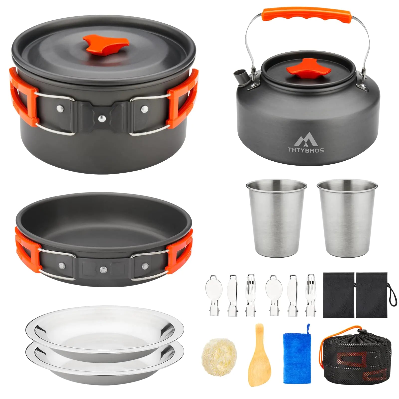 THTYBROS 17pcs Camping Cookware Kit 0.45Gal Pot 7inches Pan0.30Gal Kettle Set with 2 Set Stainless Steel Cups Plates Forks Knives Spoons for HikingCampingBackpackingOutdoor Cooking and Picnic