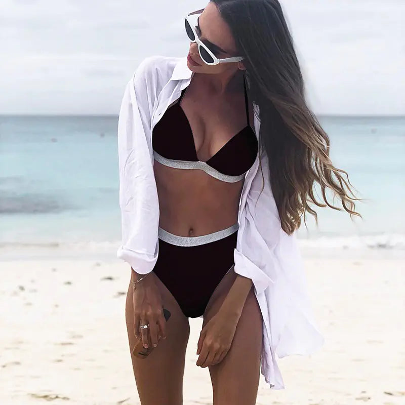 Shiny Bandage Bikini with High Waist and Halter Neck