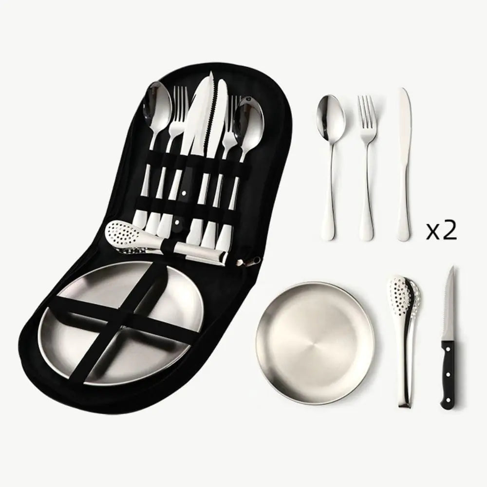 Aaspad Picnic Cutlery Kit with Portable Case Camping Essentials Silverware Set Travel Utensils Outdoor Tableware Stainless Steel Flatware with ForksSpoonsSerrated KnifeFood ClipPlates (Sliver)